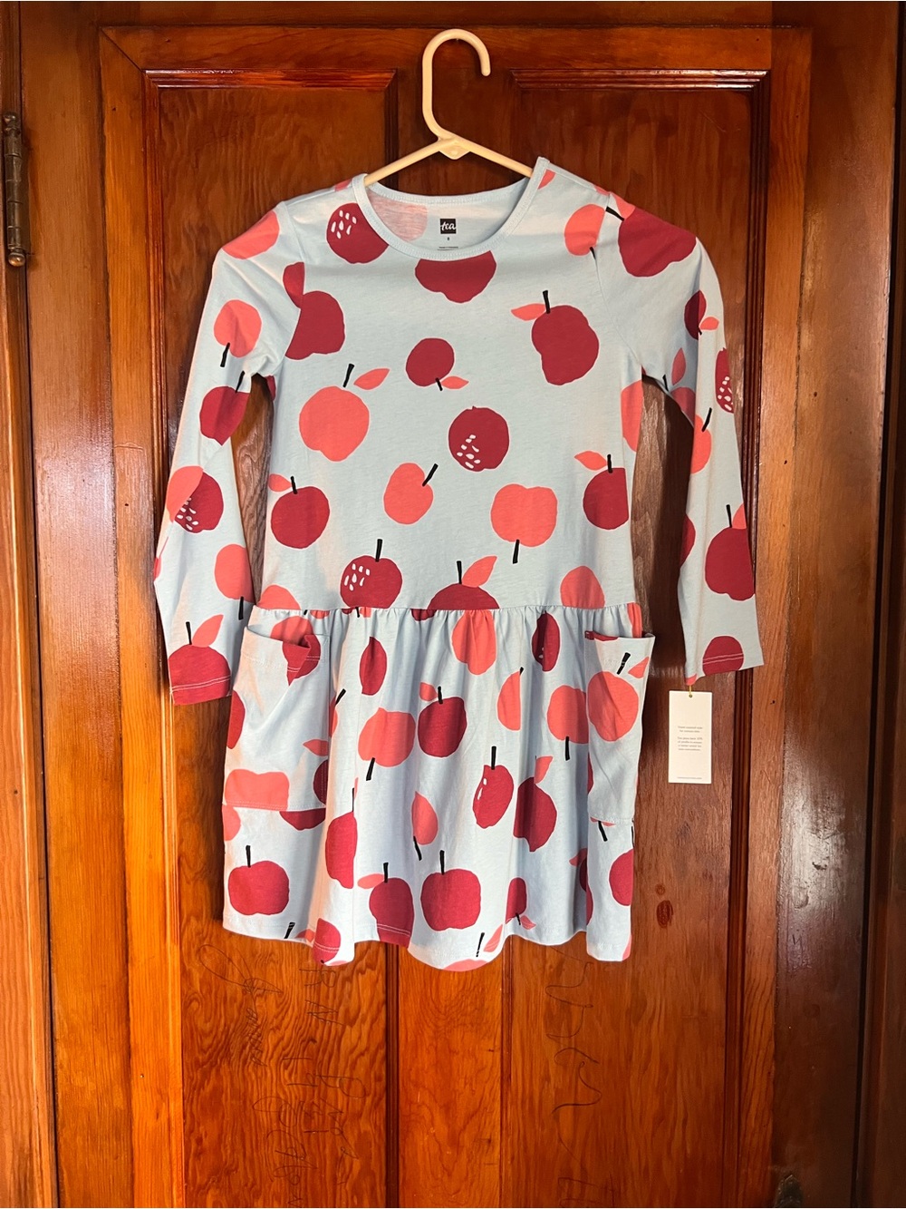 Tea collection size 8 Girls Light Blue Apple Print Long-Sleeve Dress NWT